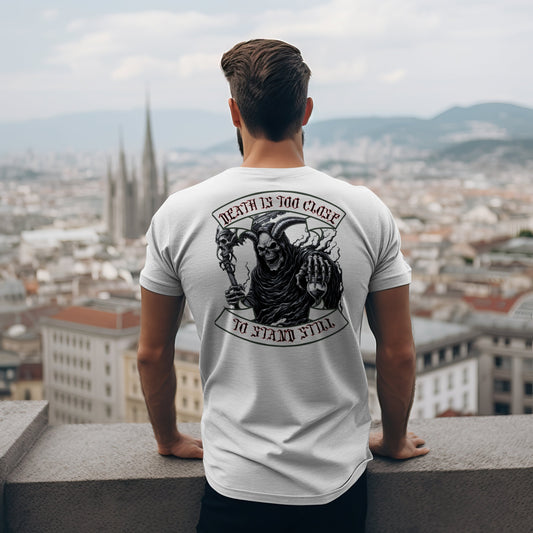 Unisex Softstyle T-Shirt - "Death is Too Close" Graphic Tee for Casual Wear